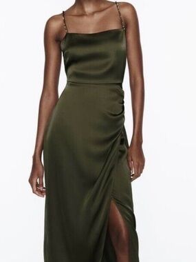 Zara | Dresses | Zara Green Satin Dress With Feather Cuffs | Poshmark